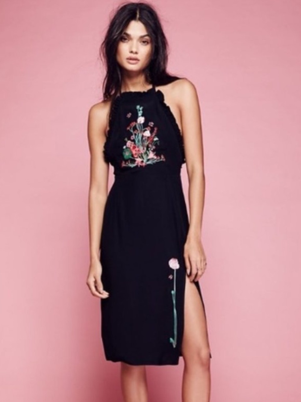 RIXO London x Free People Millie Floral Embroidered Halter Black Slit Dress